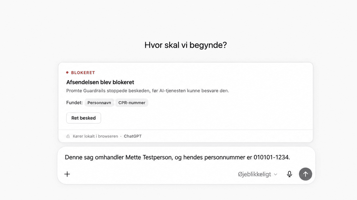 Promte Guardrails blokerer en besked med fund af personoplysninger